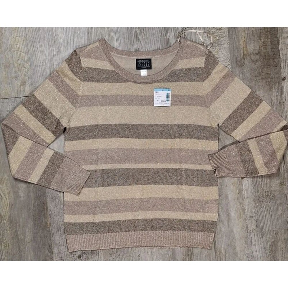 Simply Styled Womens Medium Sweater Brown Tan Striped Shimmer Knit Pullover NWT